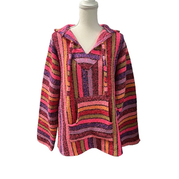 Artesanias Cuamatzi Mexican Poncho Hoodie  Multicolored Striped Kangaroo Pockets - Picture 2 of 8